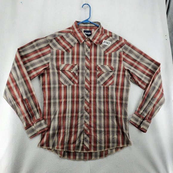 Wrangler Shirt Men's Long Sleeve Pearl Snap Up Plaid Spread Collar Brown XL - Picture 2 of 11